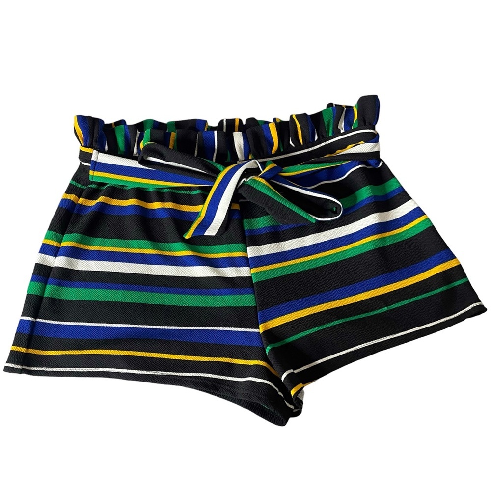 K + Glam Belted Striped Paperbag Waist Shorts